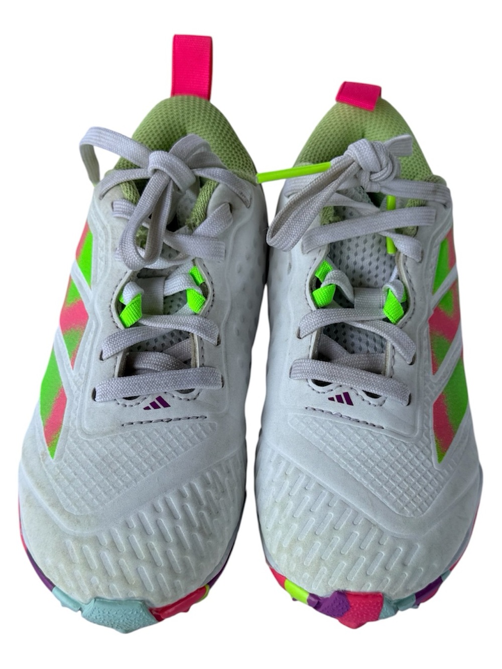 adidas Kids White Sneakers with Neon Green and Pink Accents